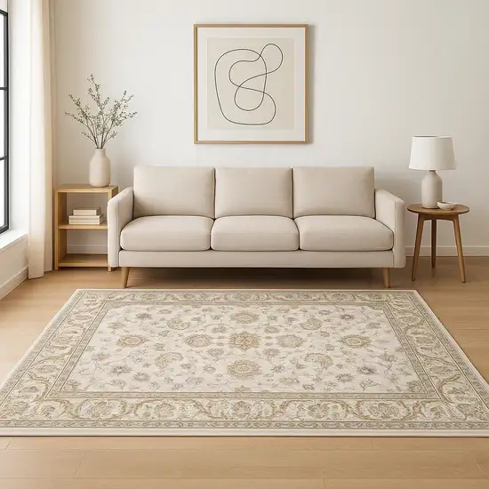 Ivory And Grey Oriental Power Loom Stain Resistant Area Rug With Fringe Photo 1