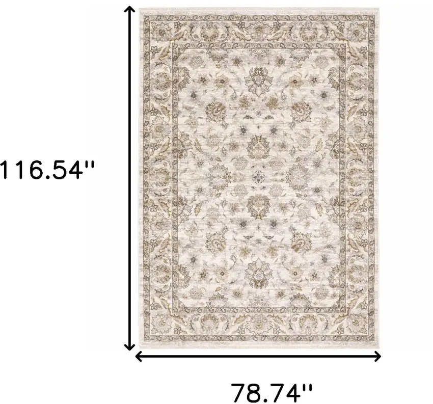 Ivory And Gray Oriental Area Rug With Fringe Photo 3