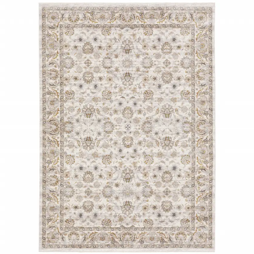 Ivory And Grey Oriental Power Loom Stain Resistant Area Rug With Fringe Photo 1