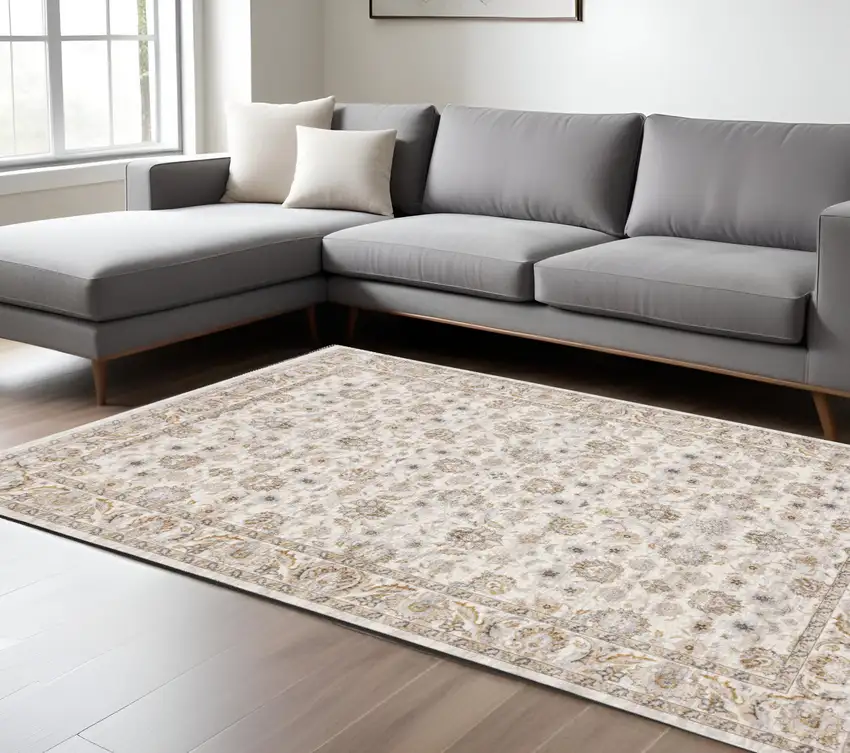 Ivory And Grey Oriental Power Loom Stain Resistant Area Rug With Fringe Photo 1