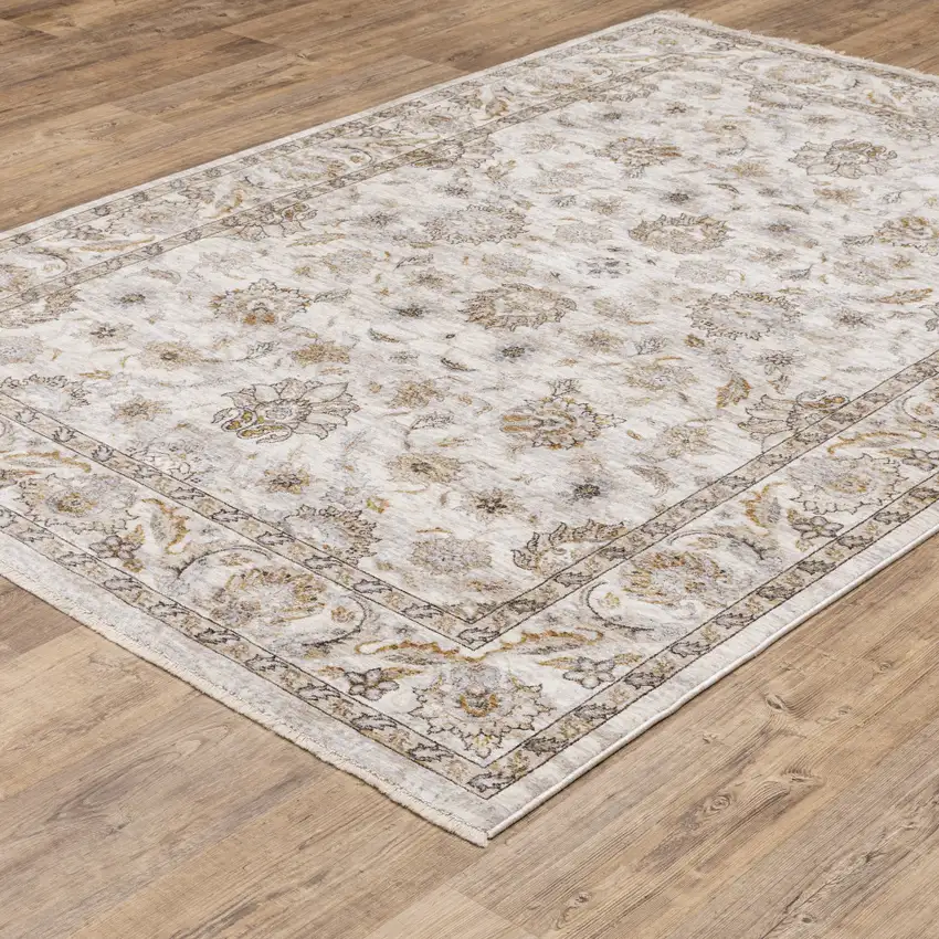 Ivory And Grey Oriental Power Loom Stain Resistant Area Rug With Fringe Photo 7