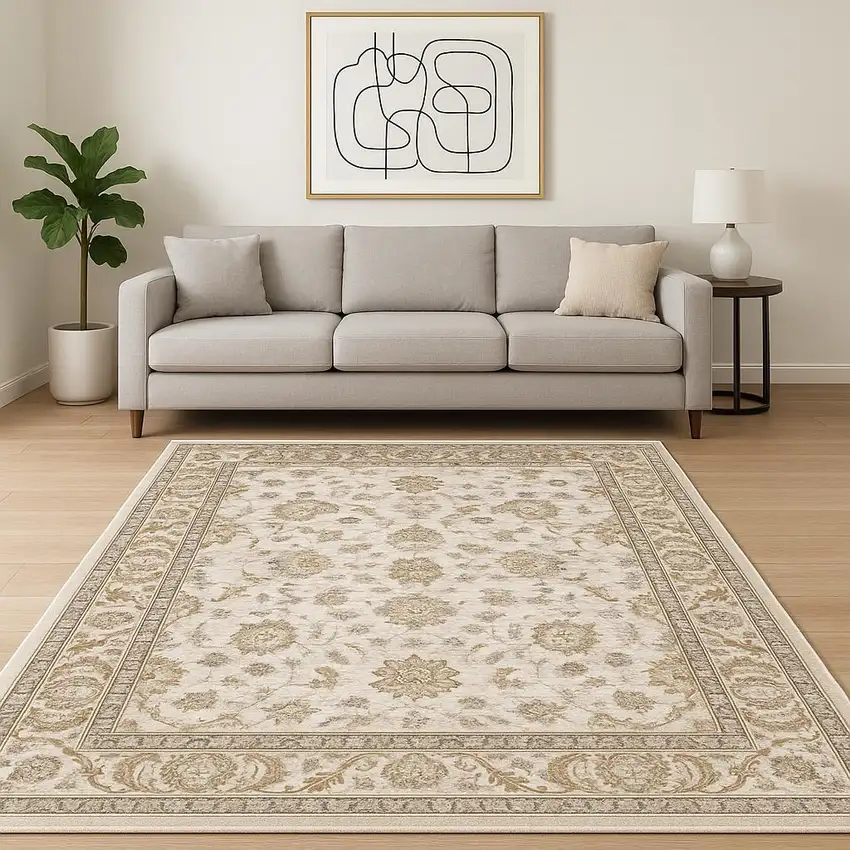 Ivory And Grey Oriental Power Loom Stain Resistant Area Rug With Fringe Photo 1