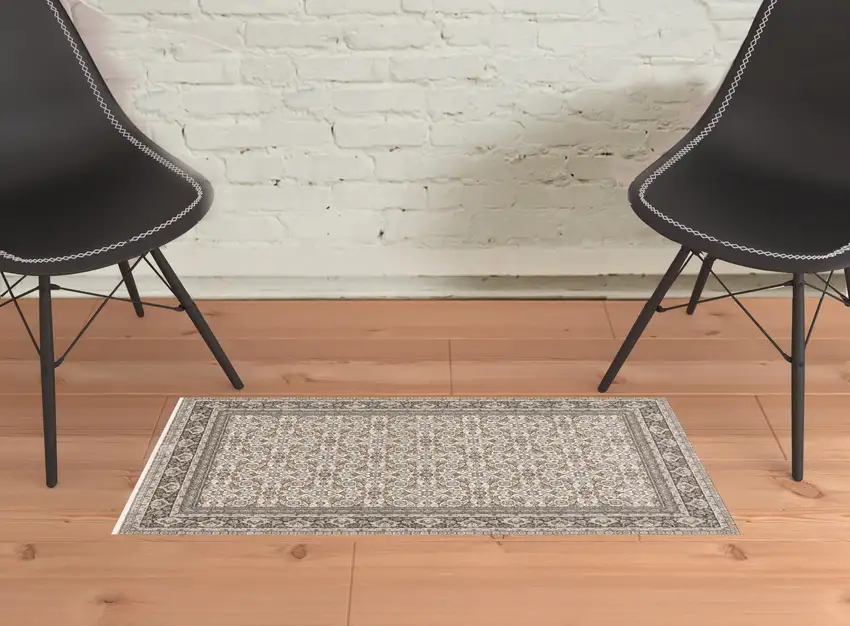 Ivory And Grey Oriental Power Loom Stain Resistant Area Rug With Fringe Photo 2