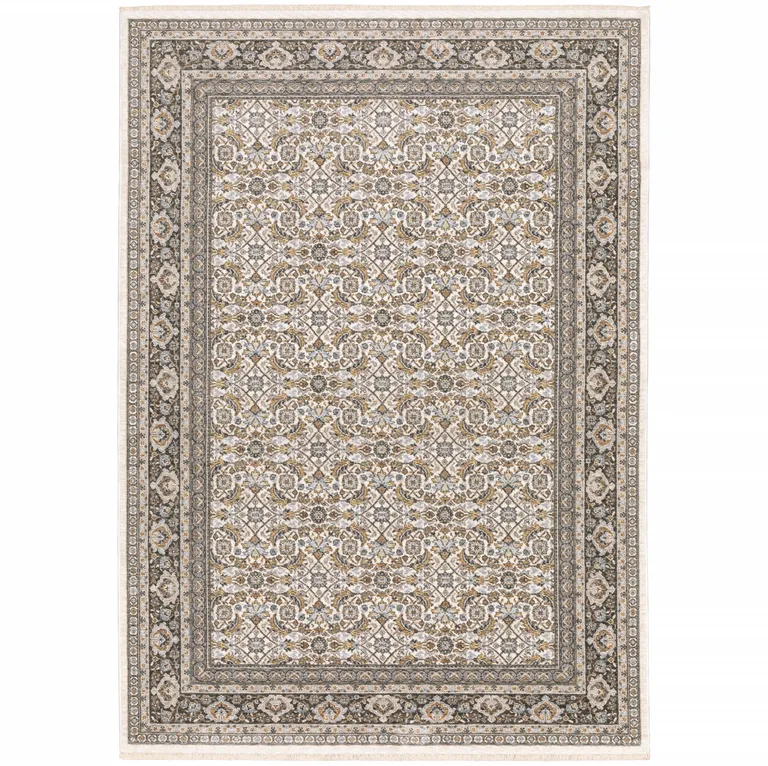Ivory And Grey Oriental Power Loom Stain Resistant Area Rug With Fringe Photo 3