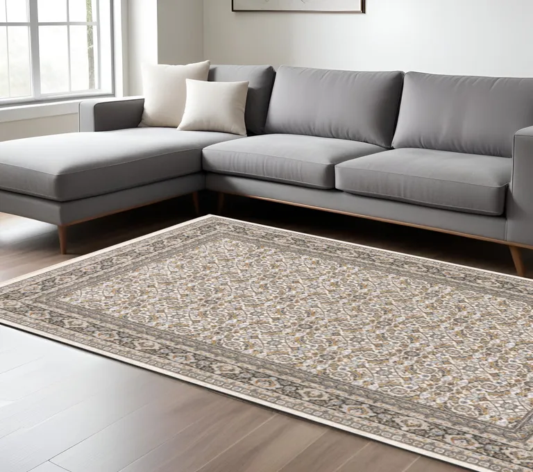 Ivory And Grey Oriental Power Loom Stain Resistant Area Rug With Fringe Photo 2
