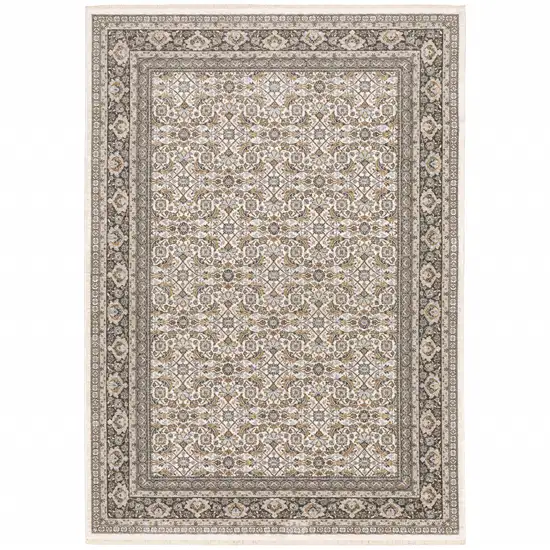 Ivory And Charcoal Oriental Area Rug With Fringe Photo 2