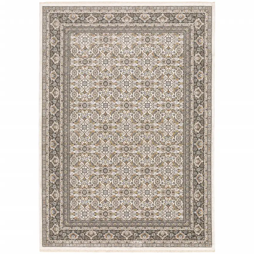 Ivory And Charcoal Oriental Area Rug With Fringe Photo 2