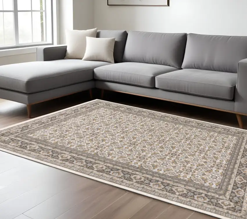 Ivory And Grey Oriental Power Loom Stain Resistant Area Rug With Fringe Photo 1