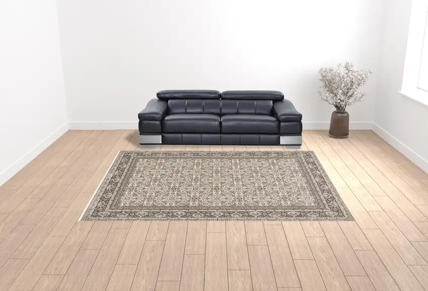 Ivory And Grey Oriental Power Loom Stain Resistant Area Rug With Fringe Photo 2