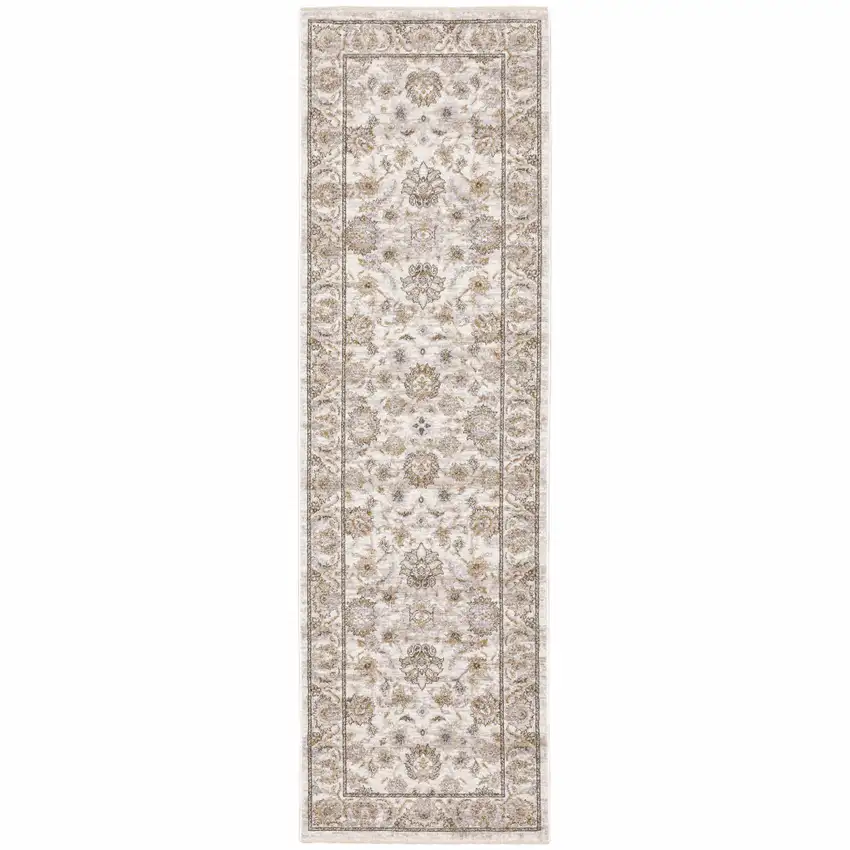 Ivory And Grey Oriental Power Loom Stain Resistant Runner Rug With Fringe Photo 2