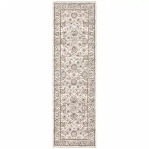 Photo of Ivory And Grey Oriental Power Loom Stain Resistant Runner Rug With Fringe