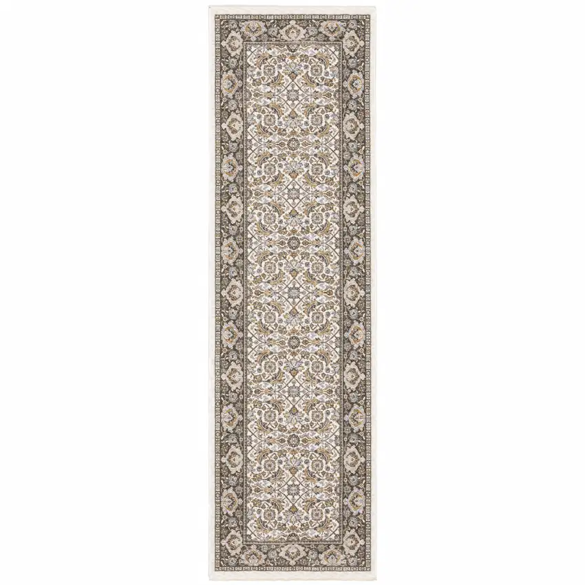Ivory And Grey Oriental Power Loom Stain Resistant Runner Rug With Fringe Photo 1