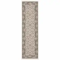 Photo of Ivory And Grey Oriental Power Loom Stain Resistant Runner Rug With Fringe