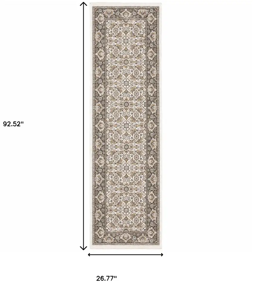 Ivory And Grey Oriental Power Loom Stain Resistant Runner Rug With Fringe Photo 10