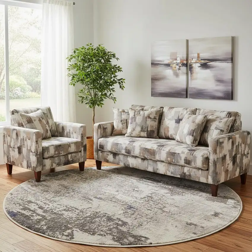 8' X 8' Ivory And Grey Round Abstract Power Loom Non Skid Area Rug Photo 1