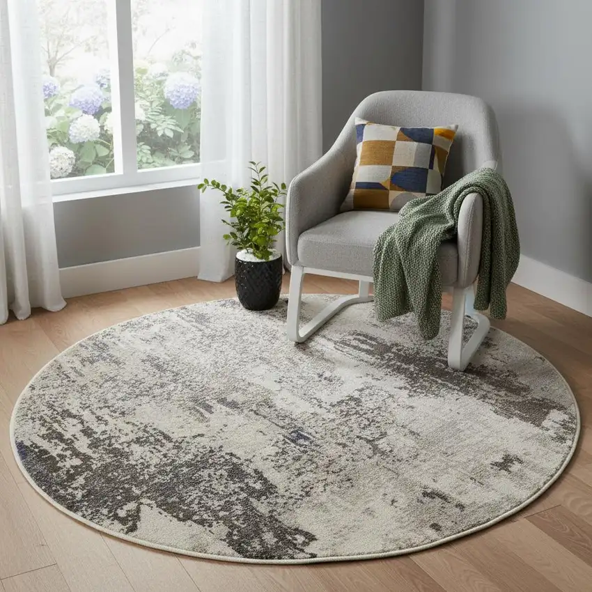 4' X 4' Ivory And Grey Round Abstract Power Loom Non Skid Area Rug Photo 1