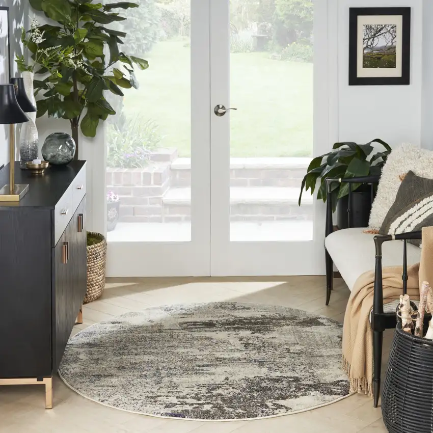 5' X 5' Ivory And Grey Round Abstract Power Loom Non Skid Area Rug Photo 7