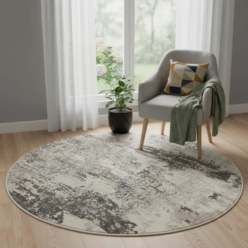 5' X 5' Ivory And Grey Round Abstract Power Loom Non Skid Area Rug Photo 1