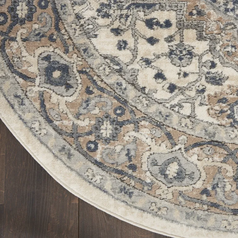 Ivory And Grey Round Oriental Non Skid Area Rug Photo 5