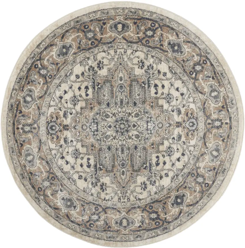 5' X 5' Ivory And Grey Round Oriental Non Skid Area Rug Photo 4