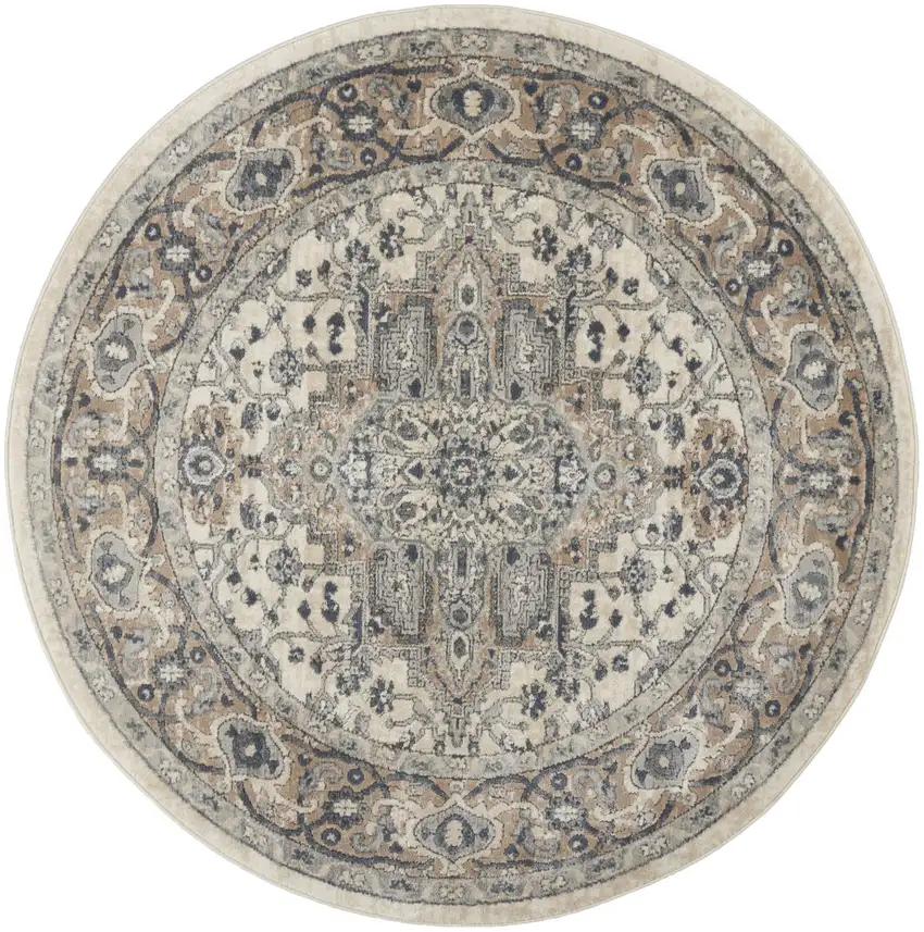 5' X 5' Ivory And Grey Round Oriental Non Skid Area Rug Photo 9