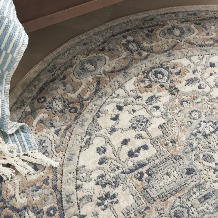 5' X 5' Ivory And Grey Round Oriental Non Skid Area Rug Photo 9
