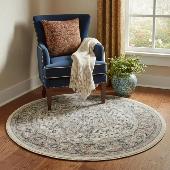 5' X 5' Ivory And Grey Round Oriental Non Skid Area Rug Photo 1