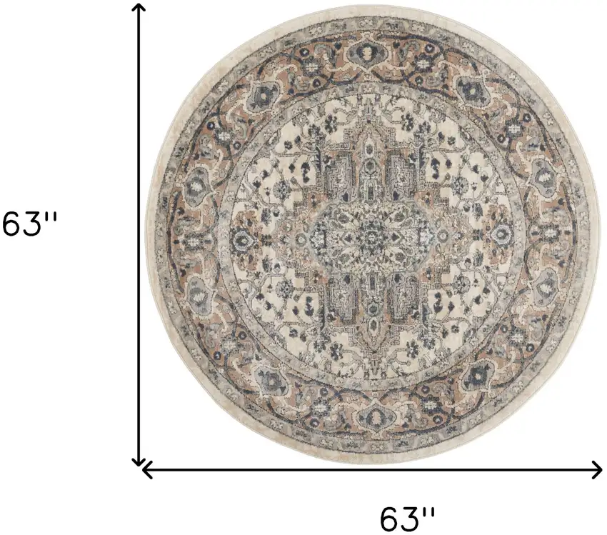 Ivory And Grey Round Oriental Non Skid Area Rug Photo 6