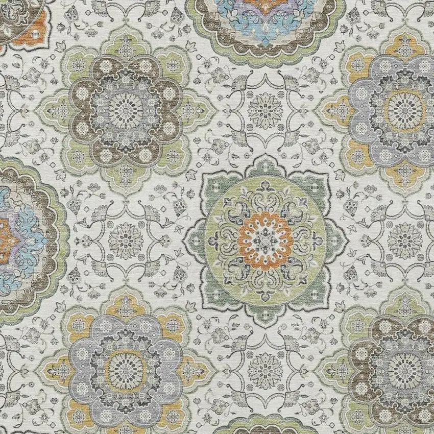 Ivory And Khaki Floral Medallion Washable Indoor Outdoor Area Rug Photo 3
