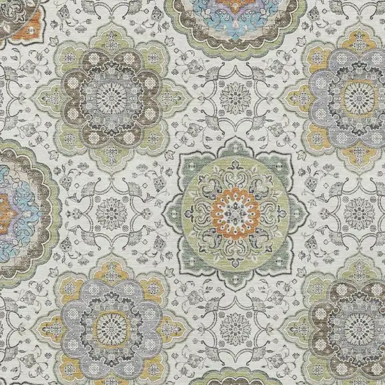 Ivory And Khaki Floral Medallion Washable Indoor Outdoor Area Rug Photo 3