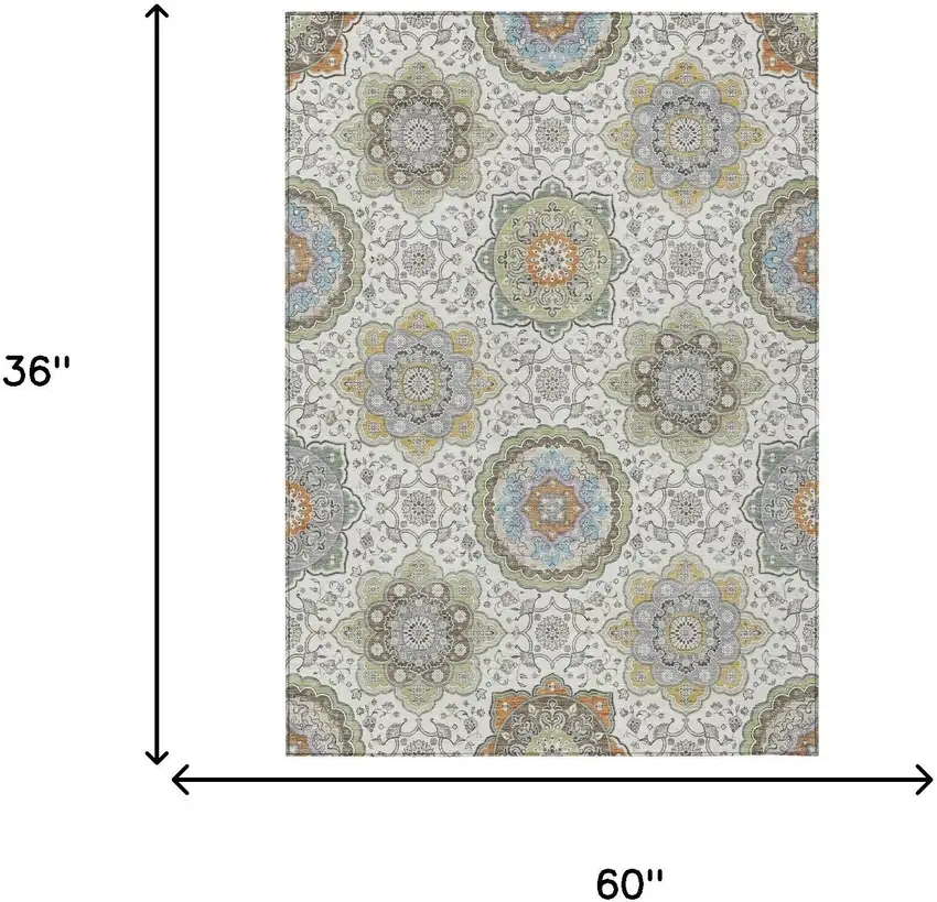 Ivory And Khaki Floral Medallion Washable Indoor Outdoor Area Rug Photo 9