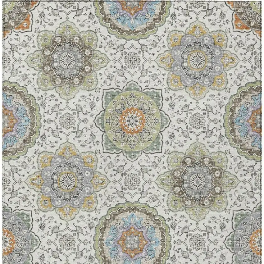 Ivory And Khaki Floral Medallion Washable Indoor Outdoor Area Rug Photo 6