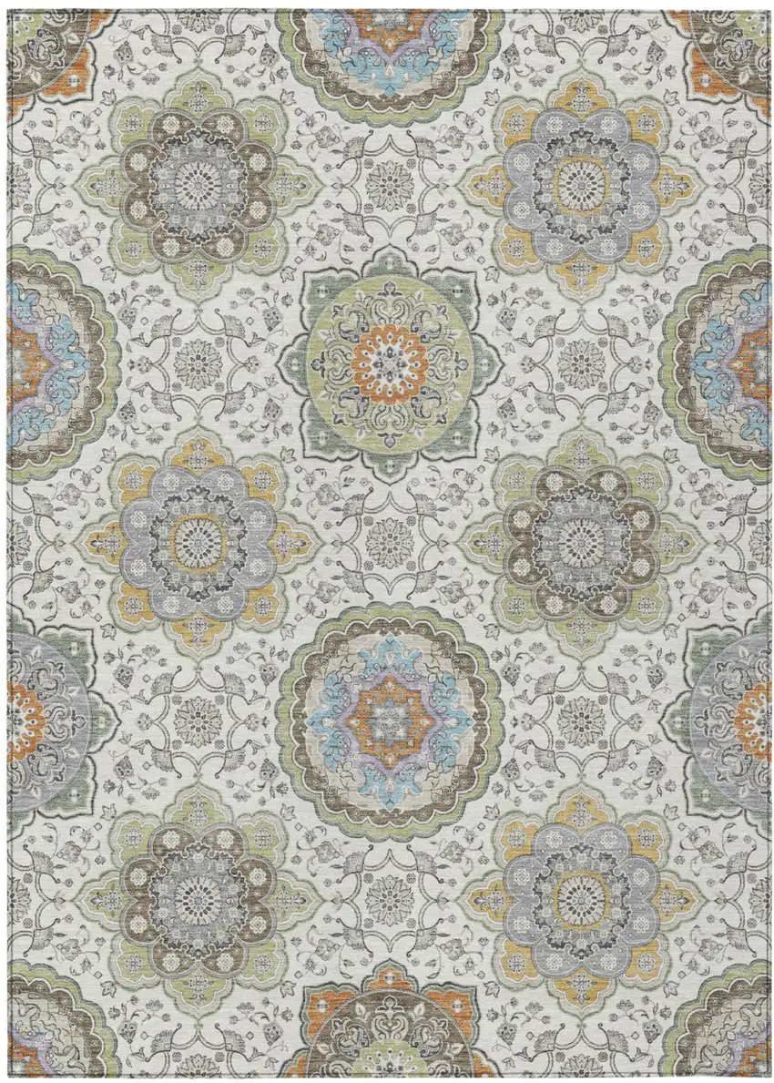 Ivory And Khaki Floral Medallion Washable Indoor Outdoor Area Rug Photo 2