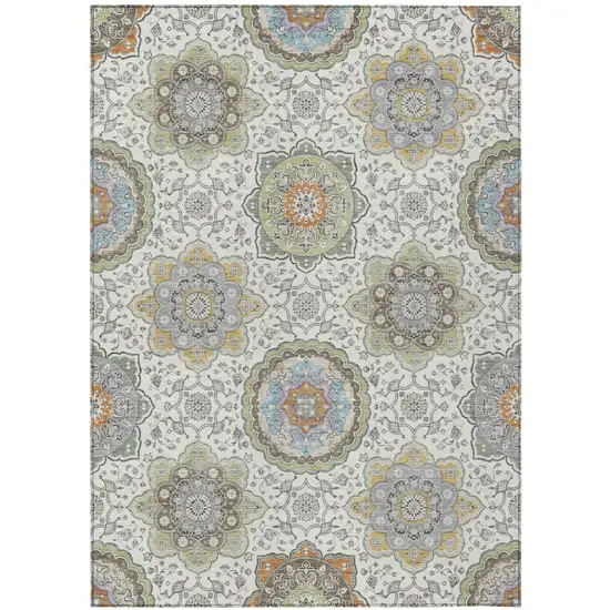Ivory And Khaki Floral Medallion Washable Indoor Outdoor Area Rug Photo 2