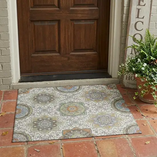 Ivory And Khaki Floral Medallion Washable Indoor Outdoor Area Rug Photo 1