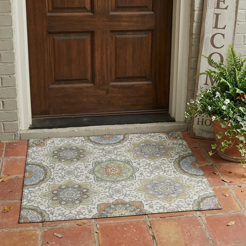 Ivory And Khaki Floral Medallion Washable Indoor Outdoor Area Rug Photo 1