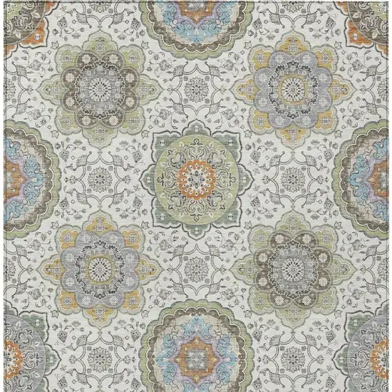 Ivory And Khaki Floral Medallion Washable Indoor Outdoor Area Rug Photo 6