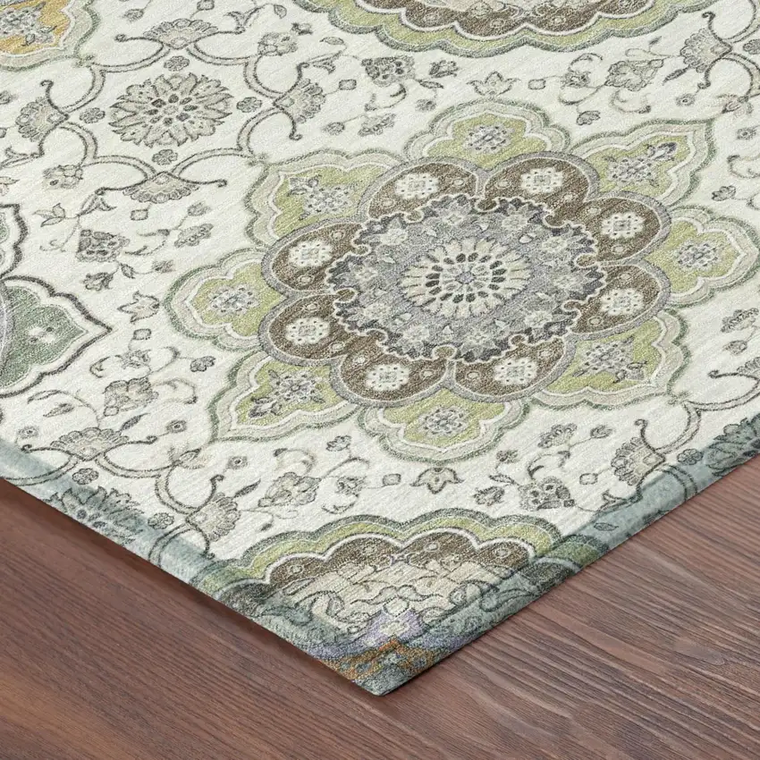 Ivory And Khaki Floral Medallion Washable Indoor Outdoor Area Rug Photo 7