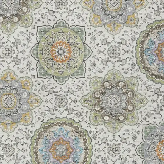 Ivory And Khaki Floral Medallion Washable Indoor Outdoor Area Rug Photo 3