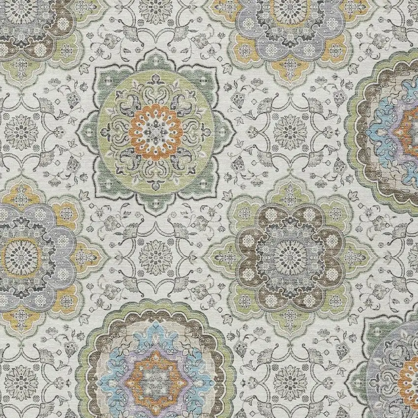 Ivory And Khaki Floral Medallion Washable Indoor Outdoor Area Rug Photo 3