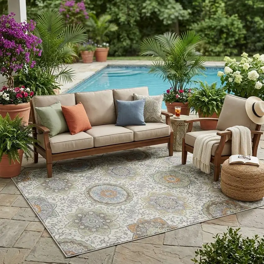 Ivory And Khaki Floral Medallion Washable Indoor Outdoor Area Rug Photo 1