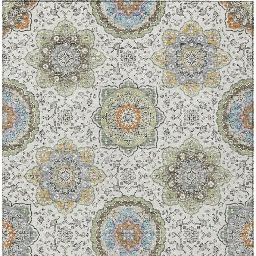 Ivory And Khaki Floral Medallion Washable Indoor Outdoor Area Rug Photo 4