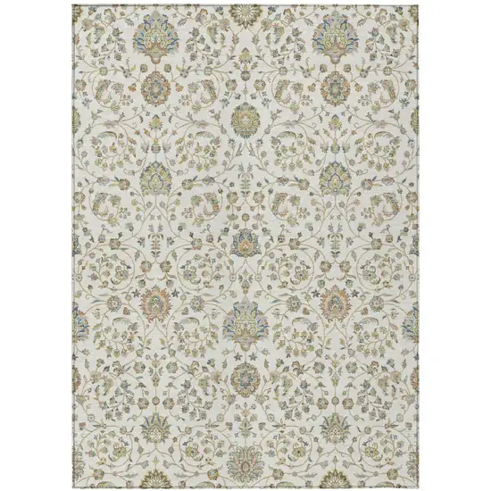 Ivory And Khaki Floral Washable Indoor Outdoor Area Rug Photo 2