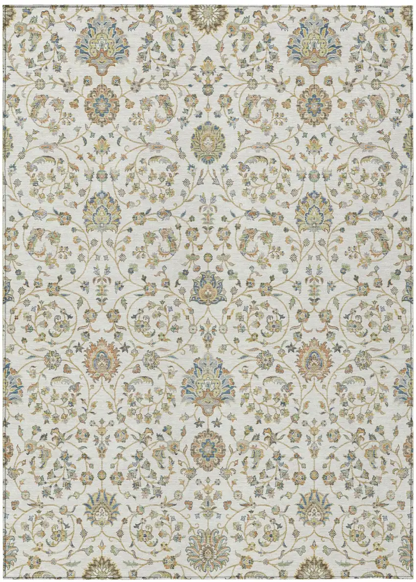 Ivory And Khaki Floral Washable Indoor Outdoor Area Rug Photo 2