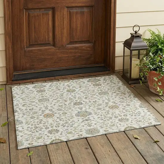 Ivory And Khaki Floral Washable Indoor Outdoor Area Rug Photo 1