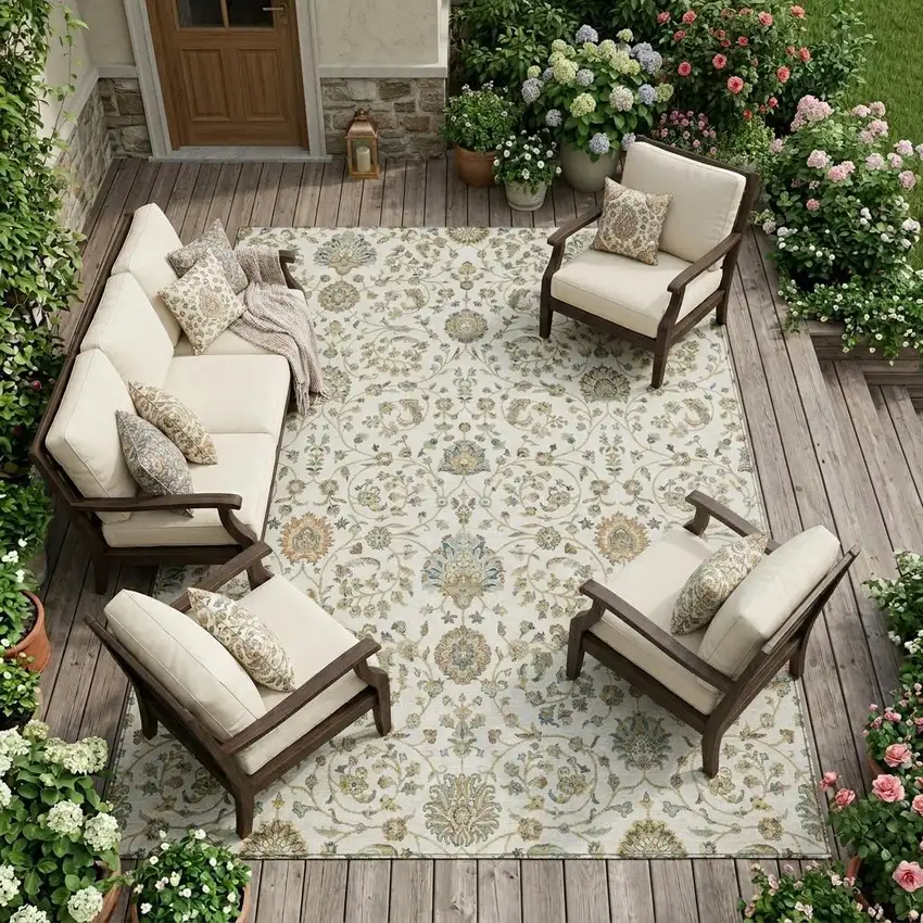 Ivory And Khaki Floral Washable Indoor Outdoor Area Rug Photo 1