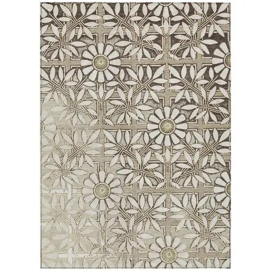 Ivory And Khaki Floral Washable Indoor Outdoor Area Rug Photo 2