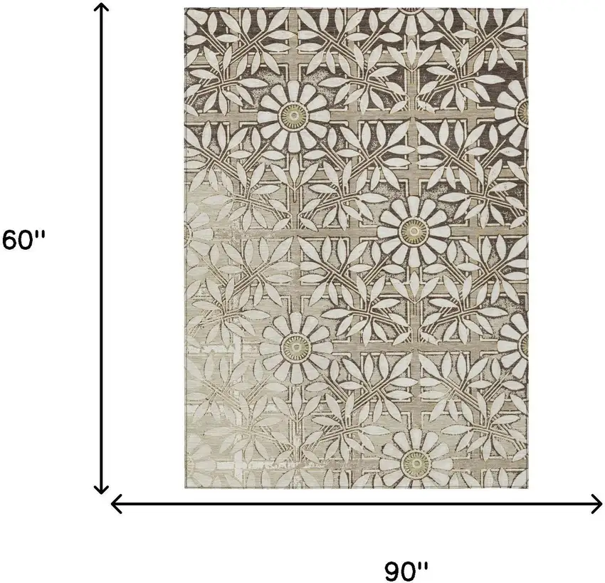 Ivory And Khaki Floral Washable Indoor Outdoor Area Rug Photo 5