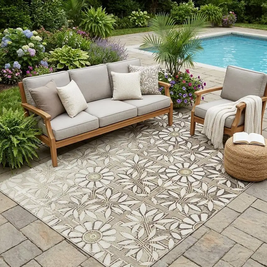 Ivory And Khaki Floral Washable Indoor Outdoor Area Rug Photo 1
