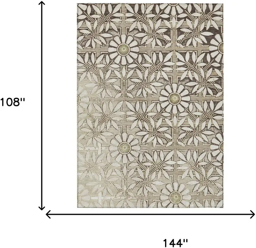Ivory And Khaki Floral Washable Indoor Outdoor Area Rug Photo 5